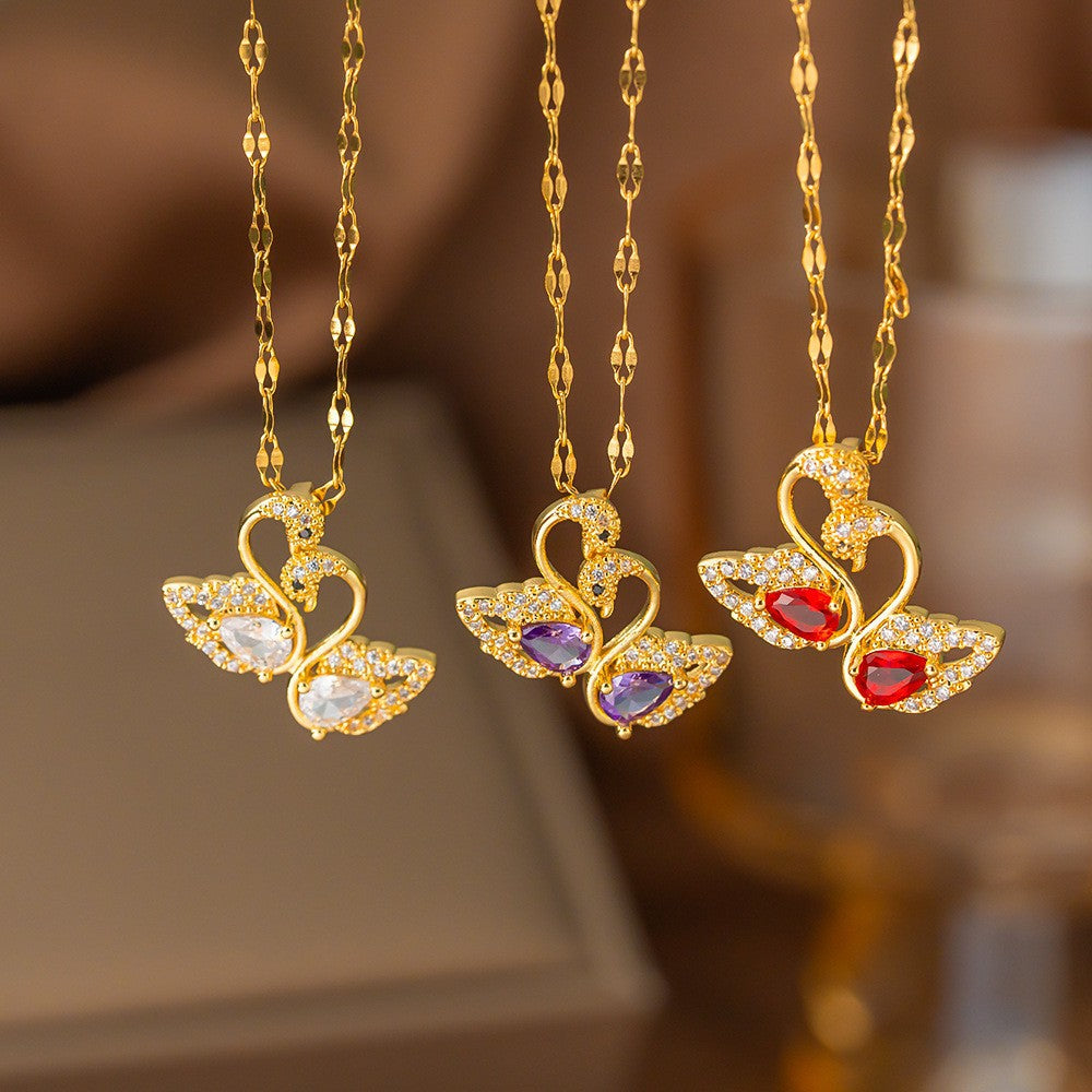 Steel Female Micro Inlaid Pink Diamond Necklace