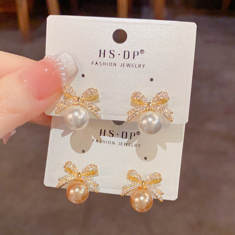 Women's Exquisite Micro Inlaid Zircon Bowknot Pearl Fashion Stud Earrings