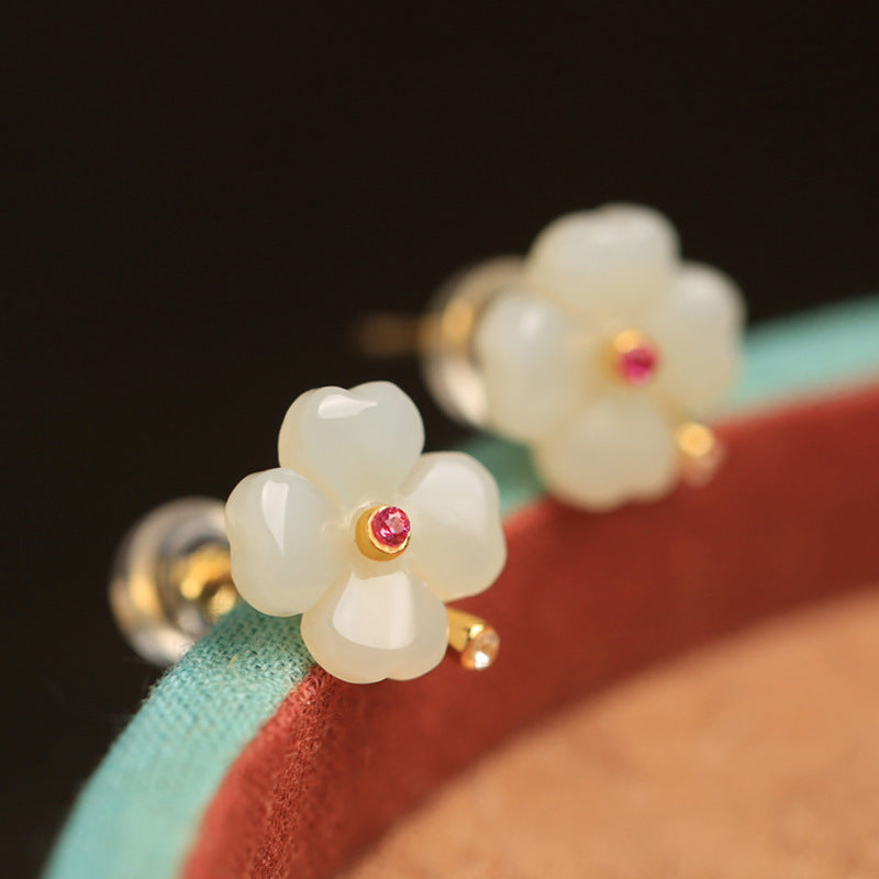 Imitation White Jade Flower Female High Sense Earrings