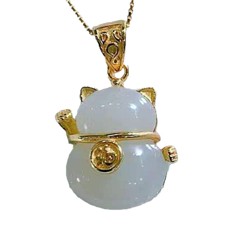 Sier Lucky Cat Natural Jade Cute Girlfriend Gift Light Necklaces