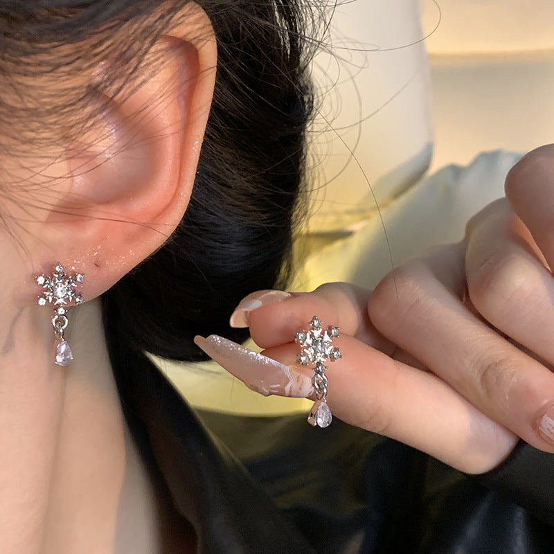 Sier Needle Light Luxury Minority Snowflake Zircon Ear Tide Graceful Stud Earrings