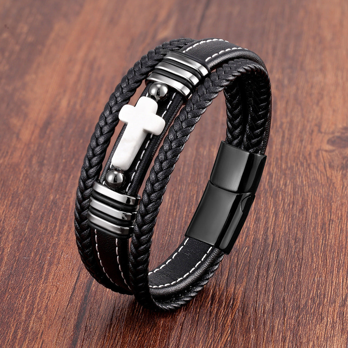Men's Woven Leather Vintage Stone Cross Stainless Steel Bracelet