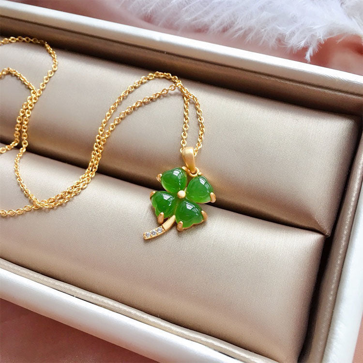 White Jade Jasper Four-leaf Clover Sterling Sier Ancient Style Thick Pendant