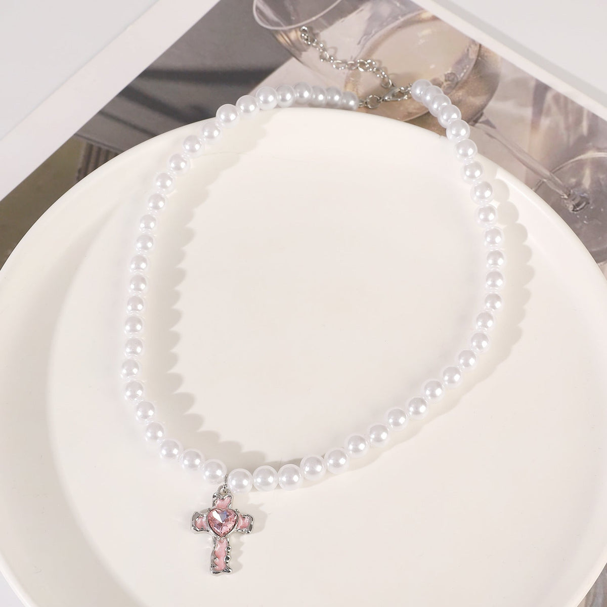 Gothic Retro Pink Cross Cat Stringed Pearls Necklaces