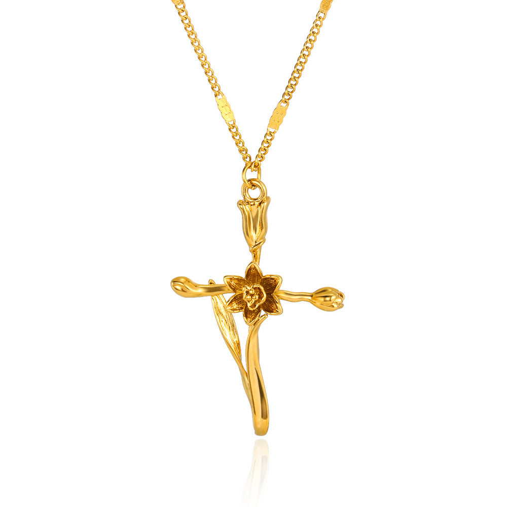 Gold-plated December Flower Three-dimensional Birthday Cross Holiday Necklace