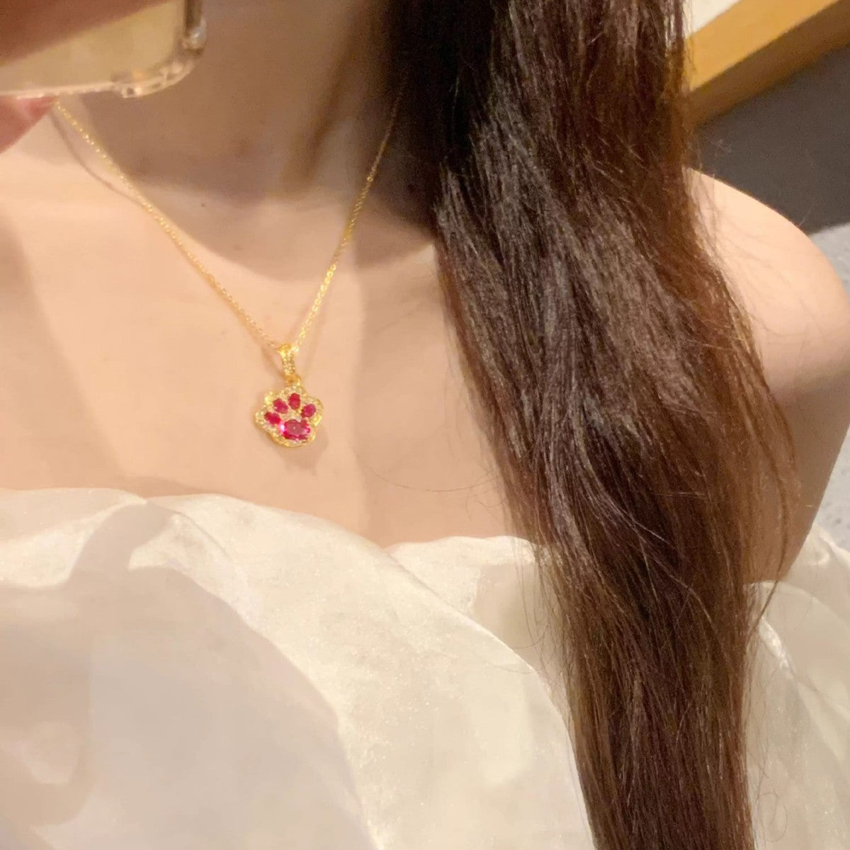 Women's Red Treasure Cat's Paw Cute Sweet White Necklaces