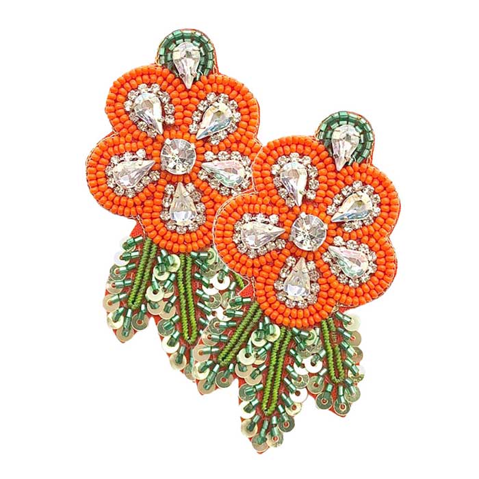 Felt Back Sequin Stone Seed Beaded Flower Leaf Earrings