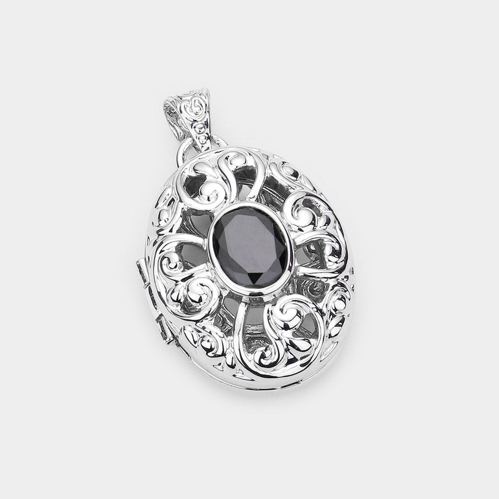 CZ Oval Accented Filigree Metal Locket Pendant