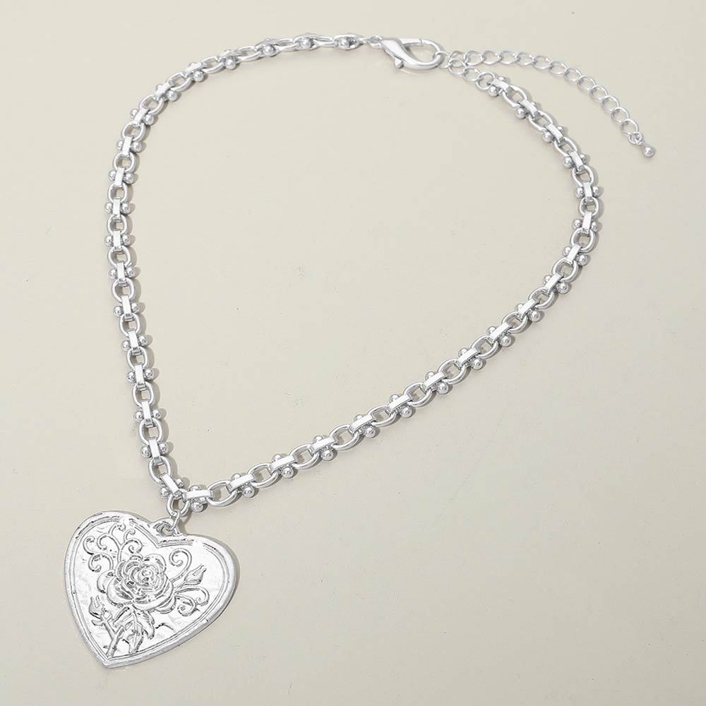 Rose Embossed Heart Pendant Decorative Link Chain Necklace