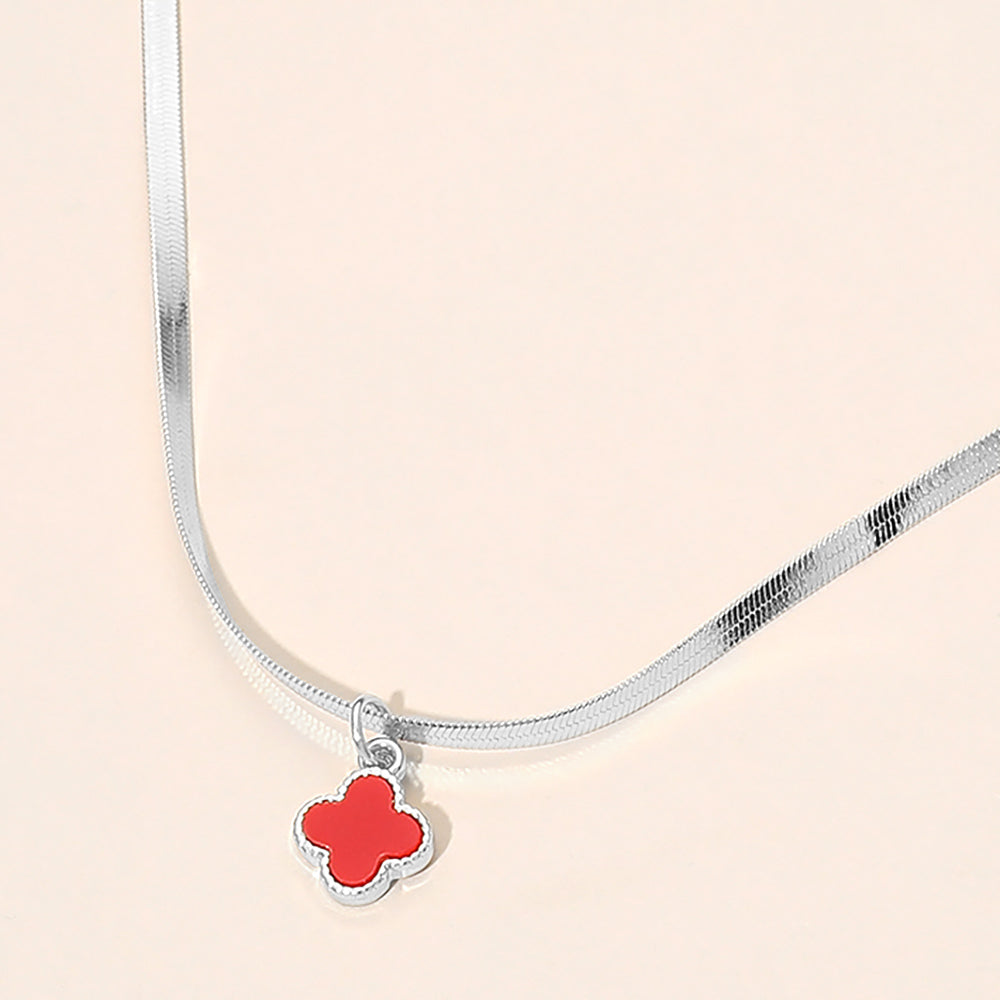 Silver Dipped Quatrefoil Pendant Herringbone Chain Necklace