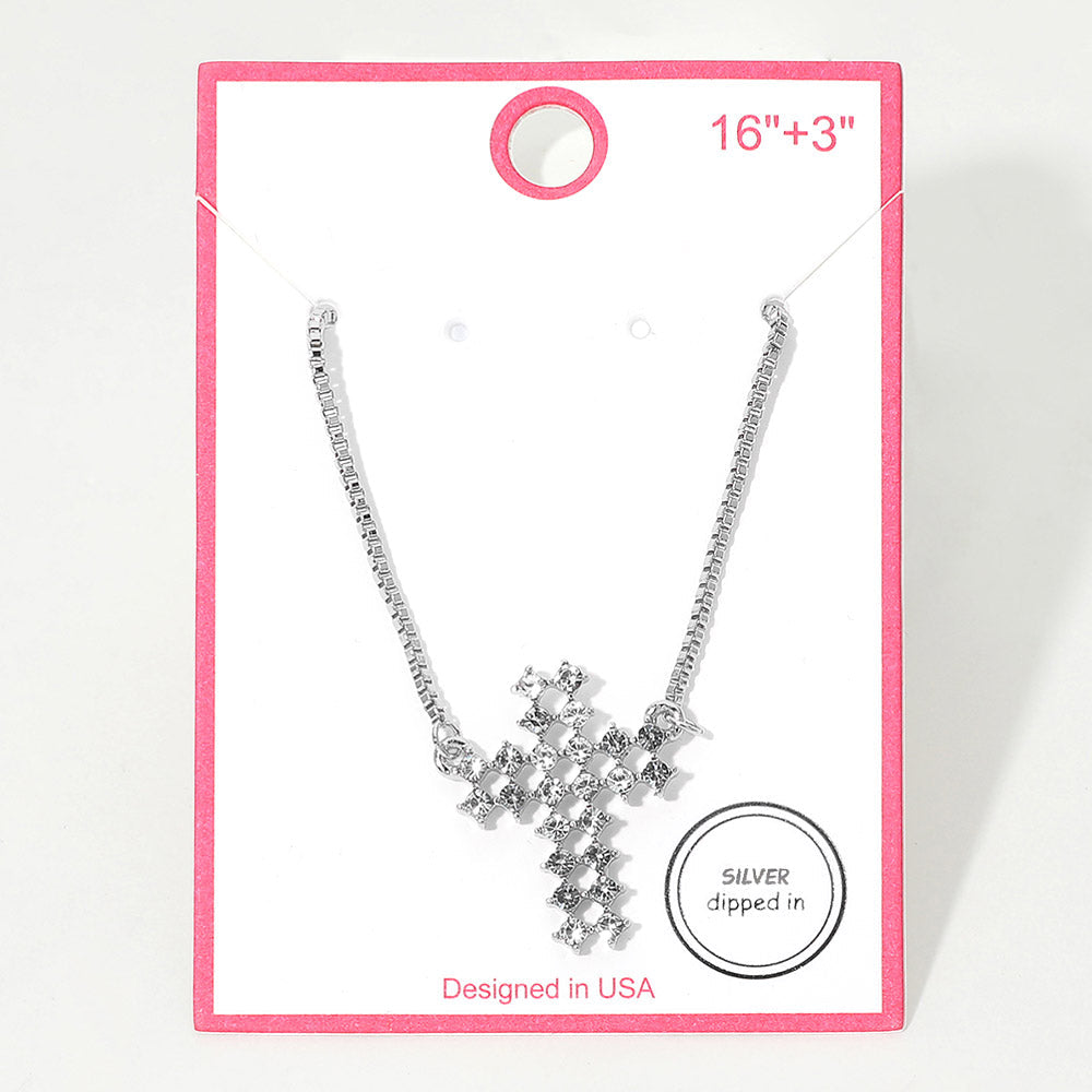 Silver Dipped Rhinestone Cross Pendant Necklace