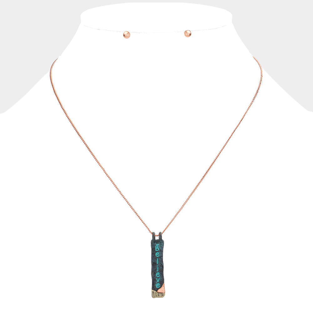"Believe" Hammered Metal Bar Pendant Necklace