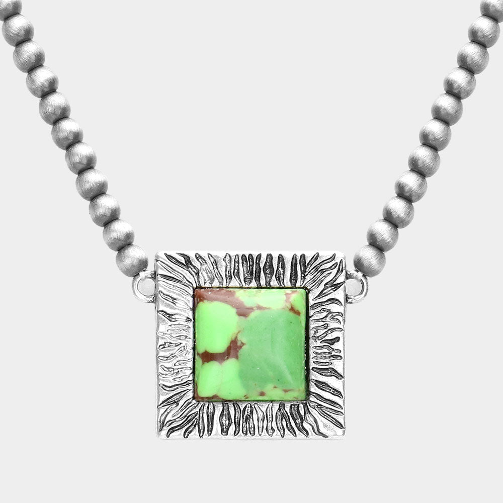 Square Natural Stone Accented Pendant Necklace