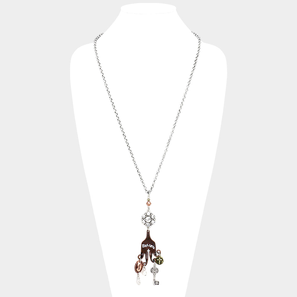 "Believe" Cross Key Lock Pearl Pendants Long Necklace