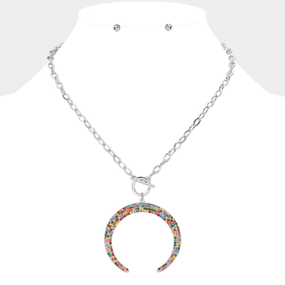 Crystal Rhinestone Pave Double Horn Toggle Necklace