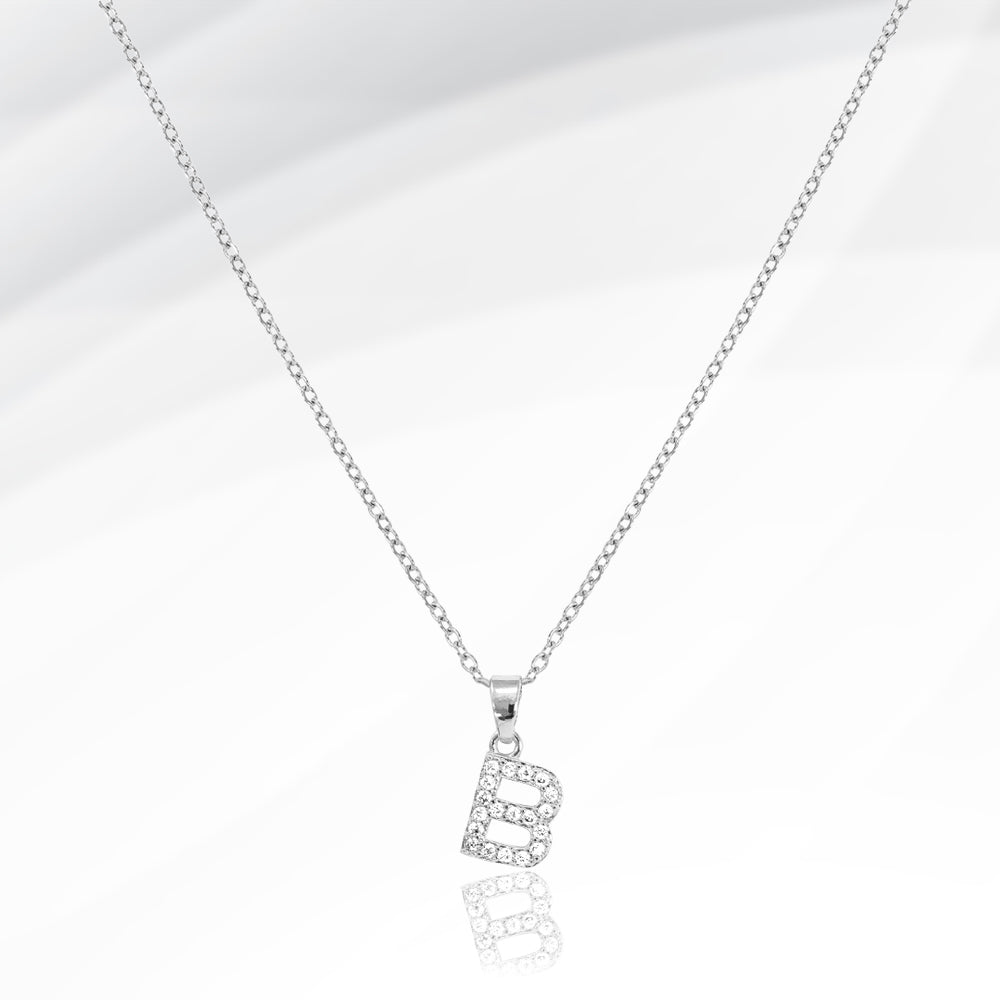 -B- Stainless Steel CZ Stone Paved Initial Monogram Pendant Necklace