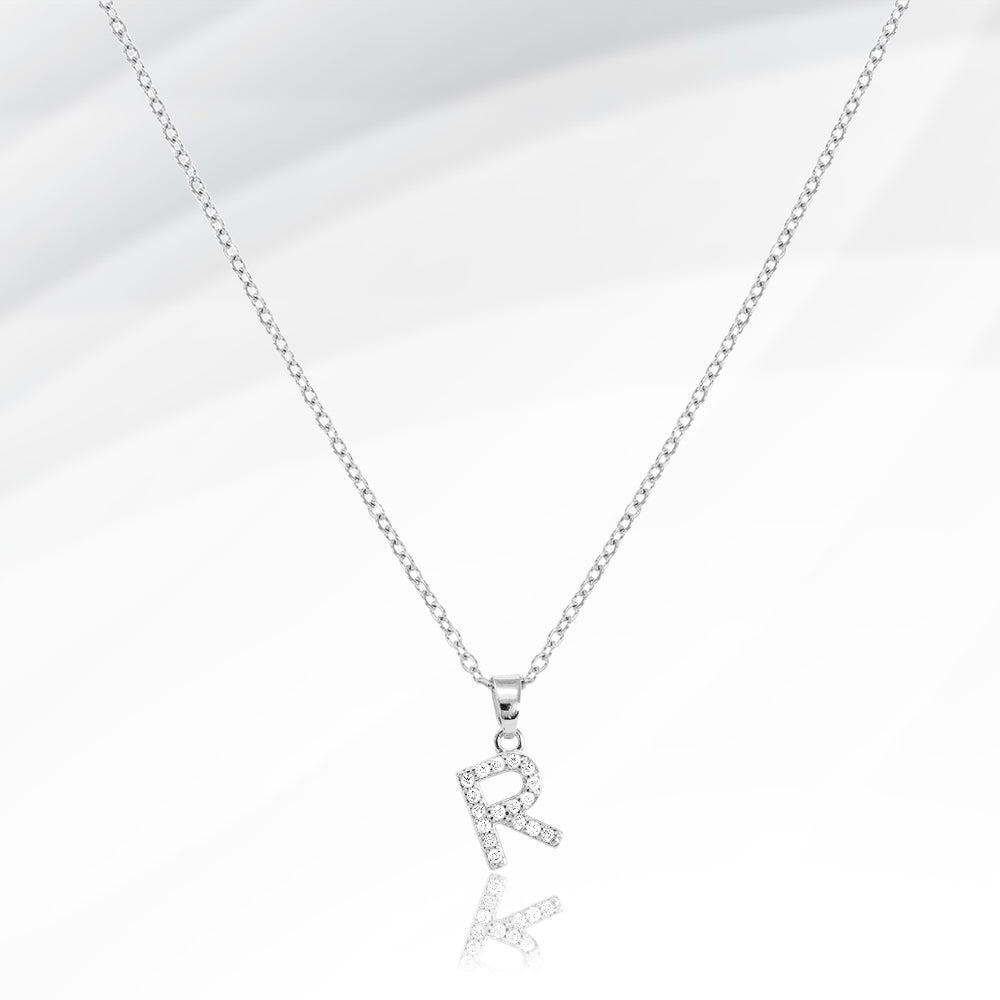 -R- Stainless Steel CZ Stone Paved Initial Monogram Pendant Necklace