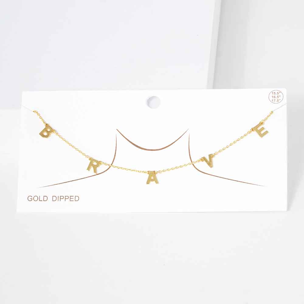 BRAVE Gold Dipped Metal Message Pendant Station Necklace