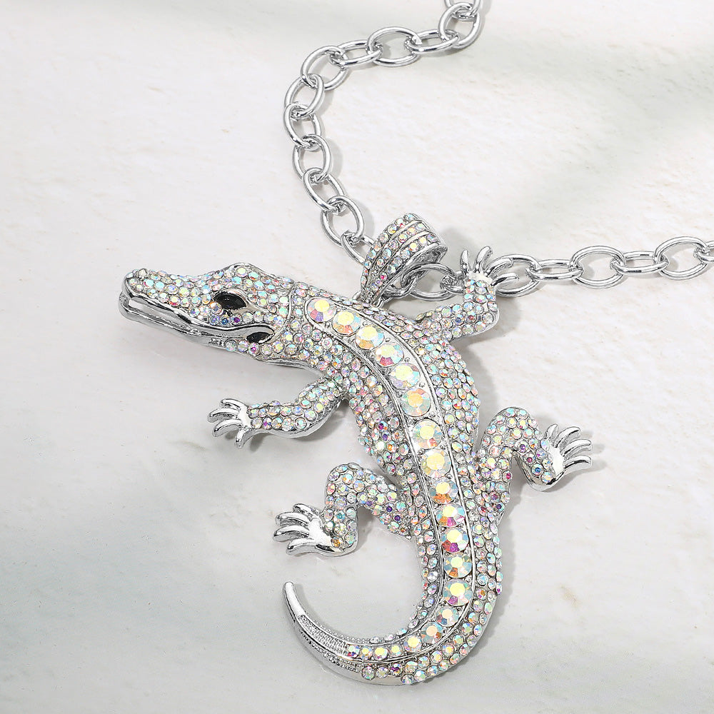Bold Bling Studded Alligator Pendant Chunky Chain Statement Necklace