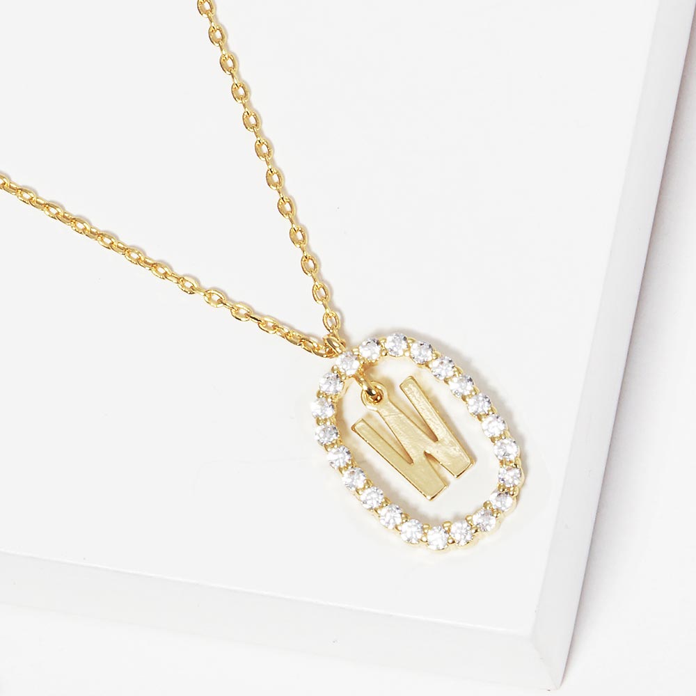 -W- Gold Dipped Metal Initial Monogram Rhinestone Oval Link Pendant Necklace