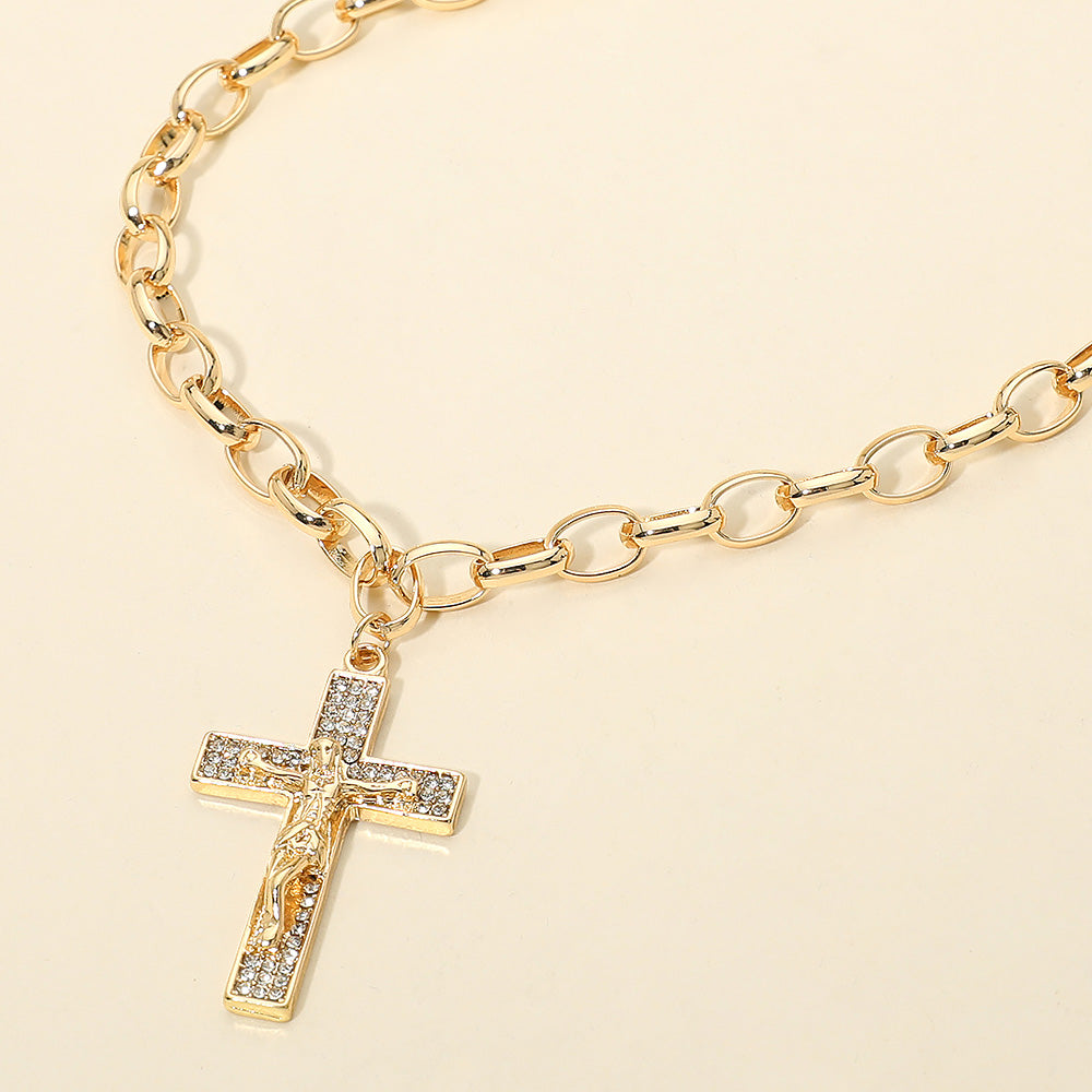 Rhinestone Pave Jesus Christ Cross Pendant Chunk Chain Necklace