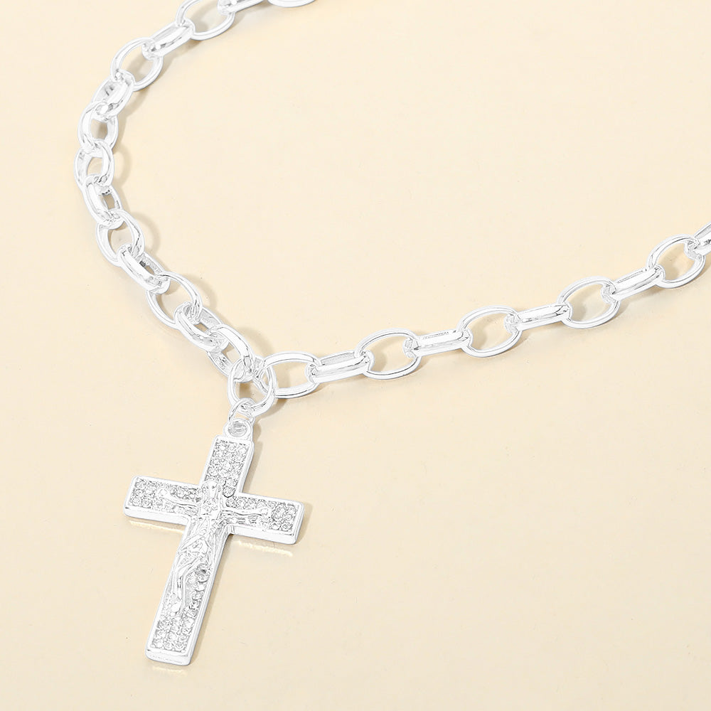 Rhinestone Pave Jesus Christ Cross Pendant Chunk Chain Necklace