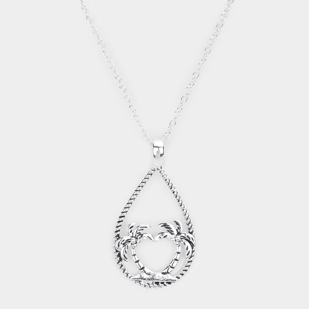 Palm Tree Accented Open Teardrop Pendant Necklace