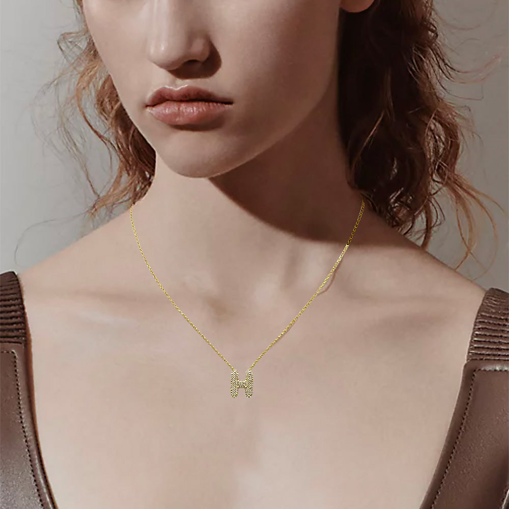 -H- 14K Gold Dipped CZ Stone Paved Initial Monogram Pendant Necklace