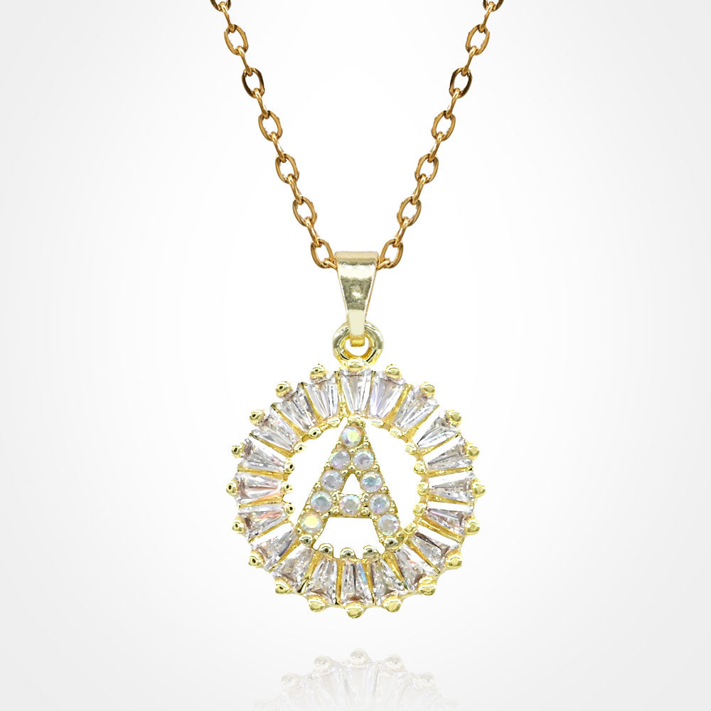 -A- Stainless Steel CZ Stone Embellished Round Initial Monogram Pendant Necklace
