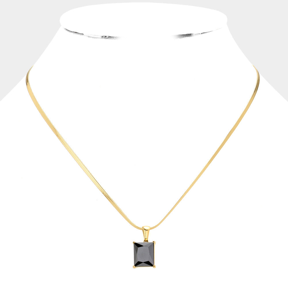 18K Gold Dipped Stainless Steel CZ Rectangle Pendant Necklace