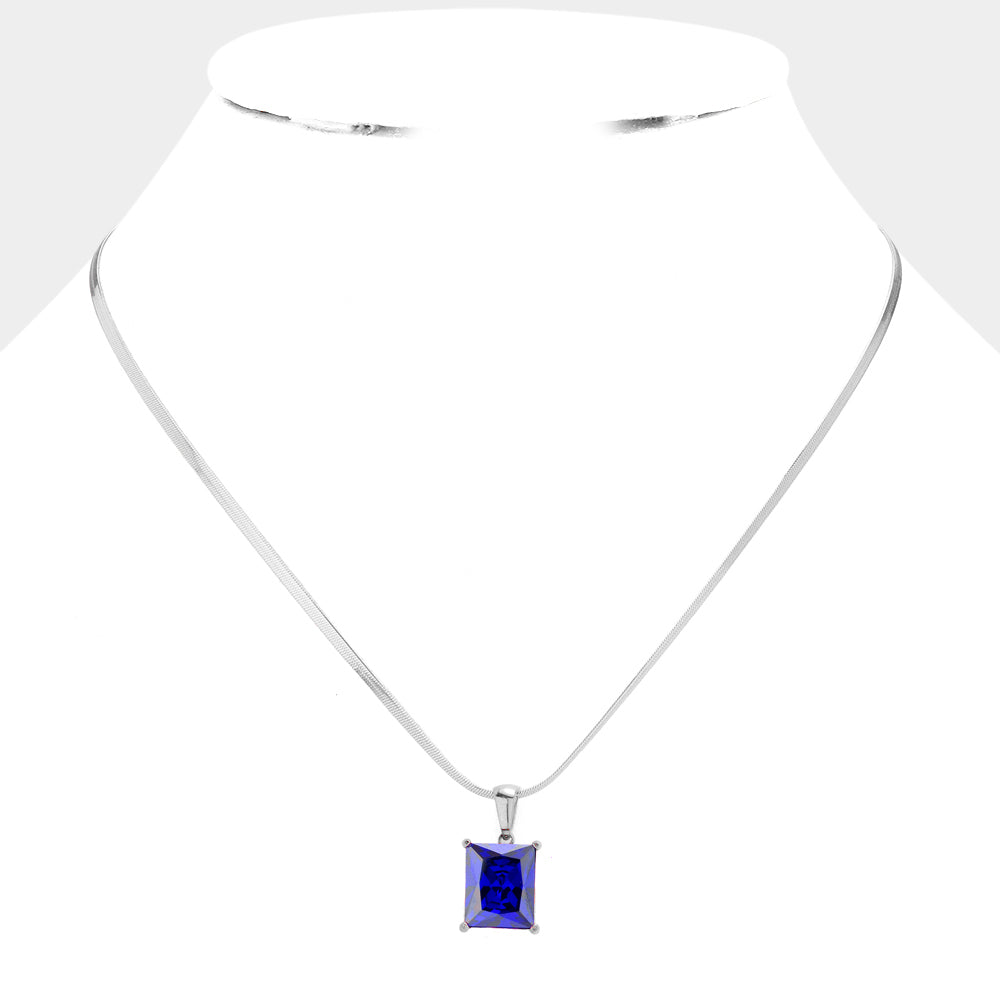 Stainless Steel CZ Rectangle Pendant Necklace