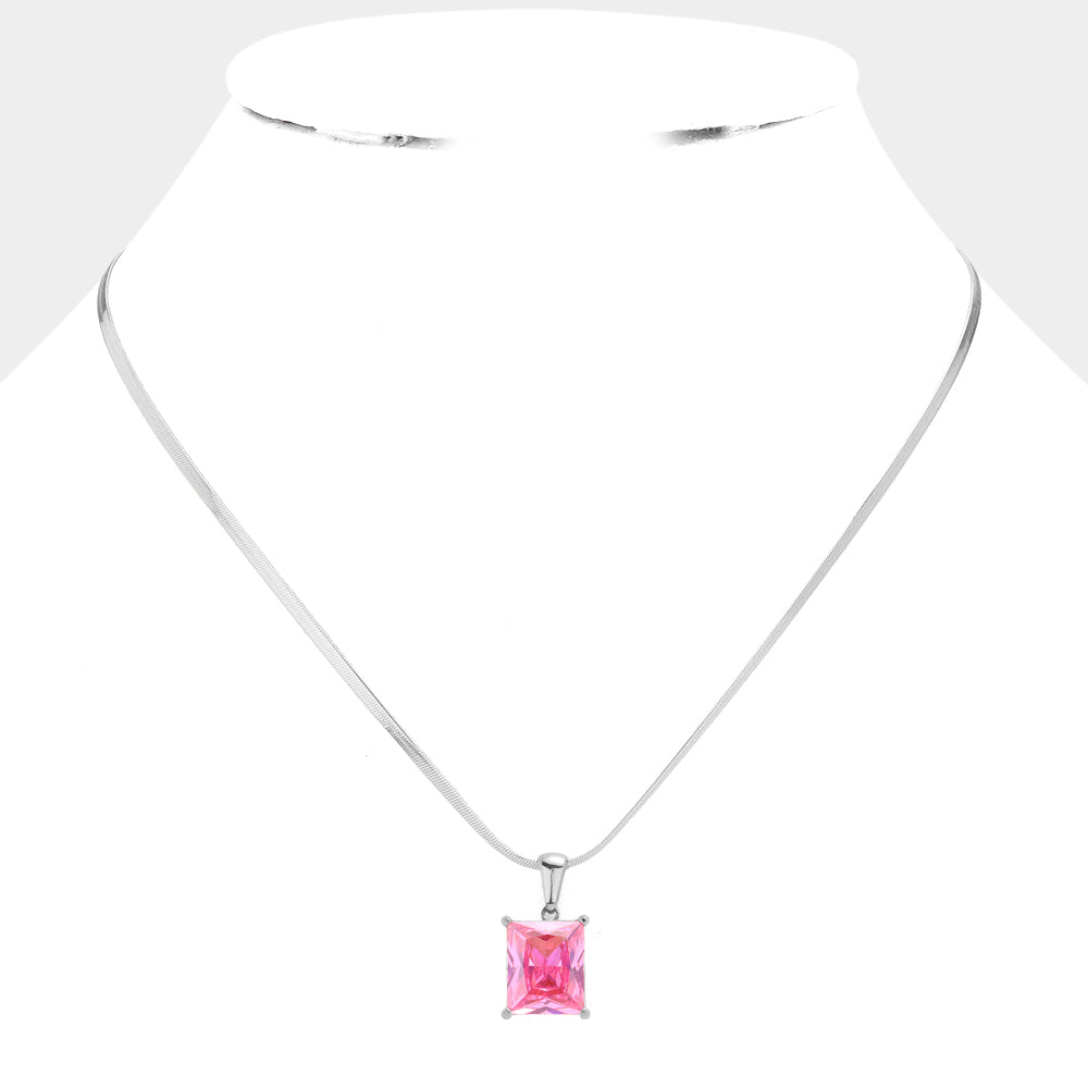 Stainless Steel CZ Rectangle Pendant Necklace