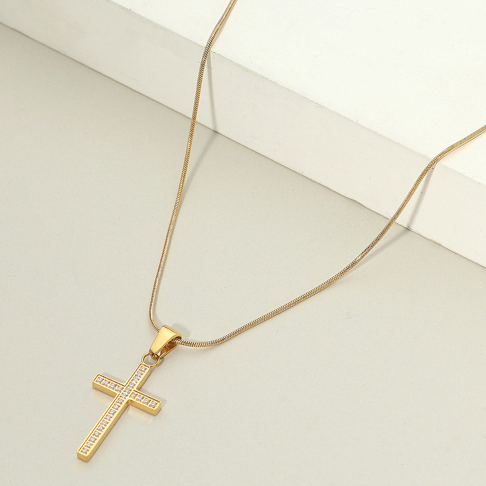 18K Gold Dipped Stainless Steel Stone Paved Cross Pendant Necklace