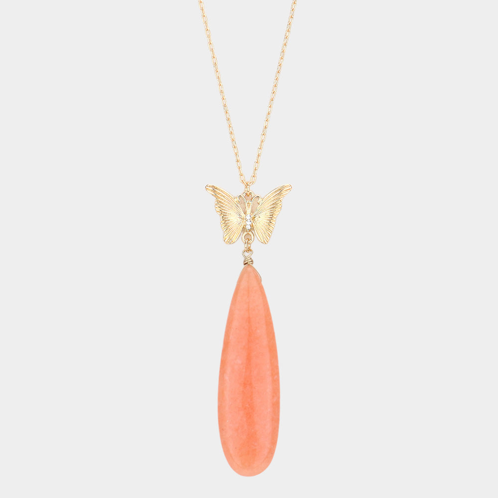 Butterfly Natural Stone Teardrop Link Pendant Long Necklace