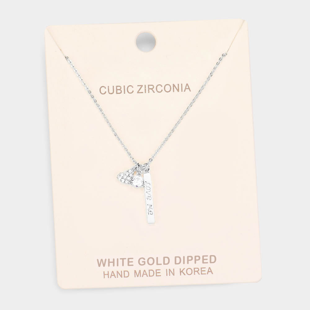 White Gold Dipped CZ 'Love Me' Heart Pendant Necklace