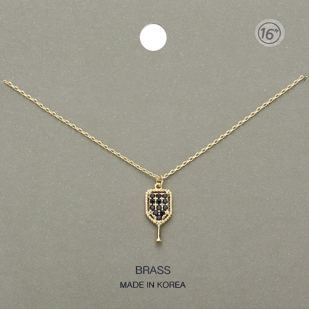 Stone Paved Brass Metal Pickleball Paddle Pendant Necklace