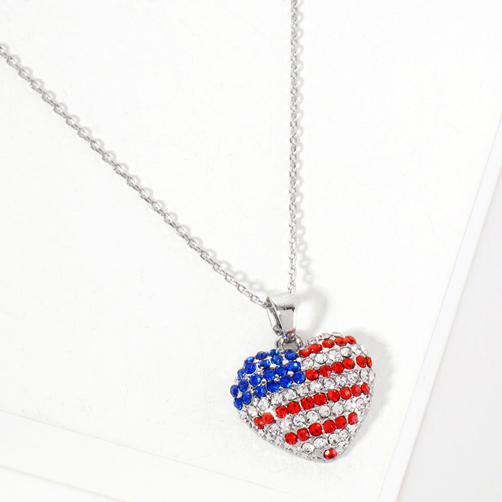 Women's Crystal Paved American USA Flag Heart Pendant Statement Necklace 4th of July
