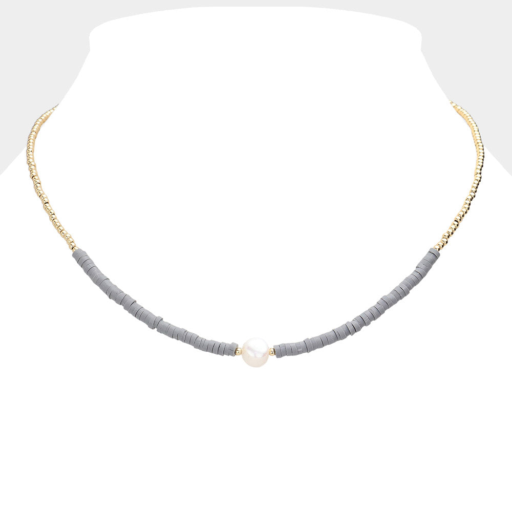 Freshwater Pearl Accented Metal Ball Heishi Beaded Necklace
