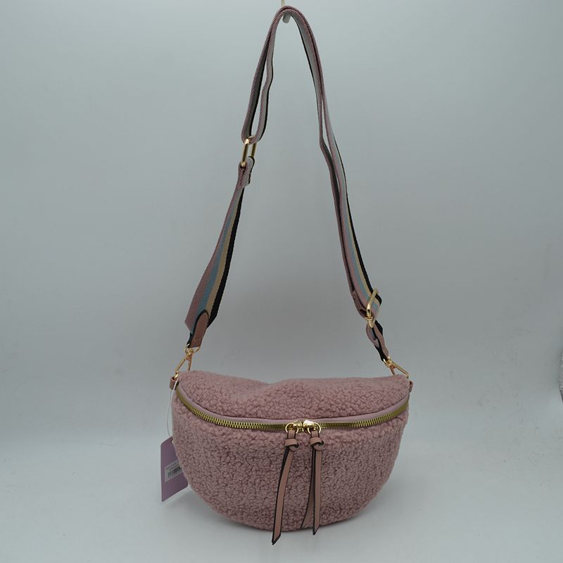 Textured Teddy Fleece Belt Bag with Adjustable Wide Strap