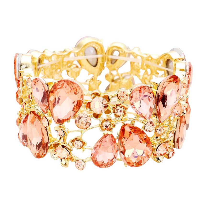 Glass Crystal Teardrop Floral Stretch Evening Bracelet