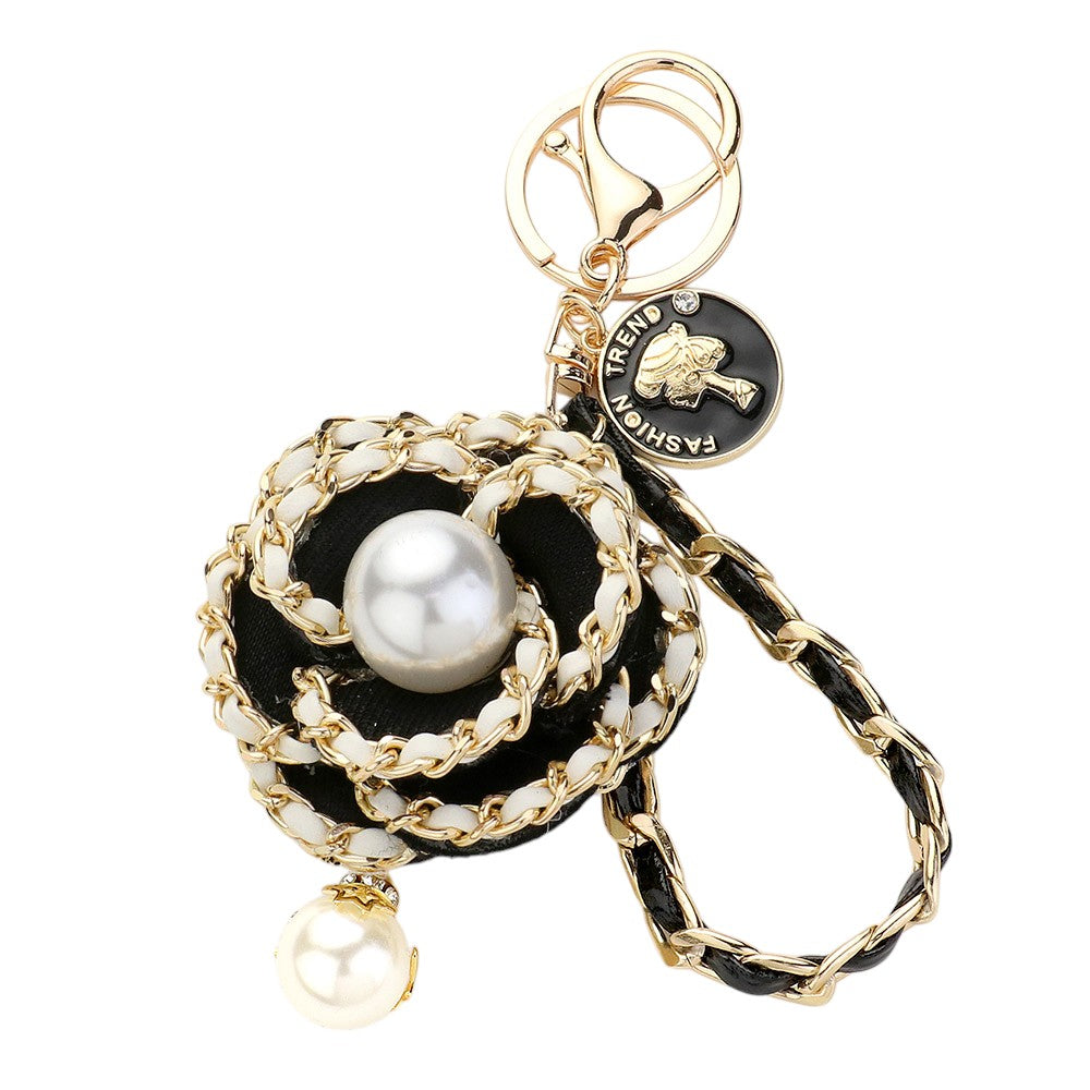 Pearl Pointed Faux Leather Braided Deco Flower Bag Charm