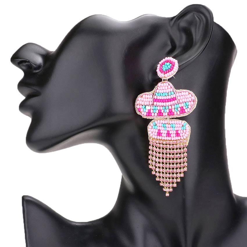 Felt Back Seed Beaded Hat Rhinestone Fringe Dangle Earrings