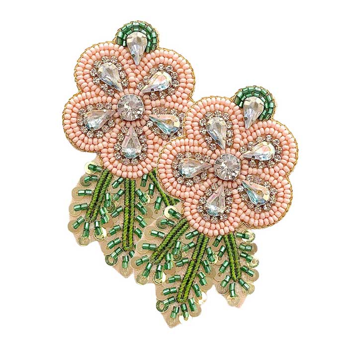Felt Back Sequin Stone Seed Beaded Flower Leaf Earrings