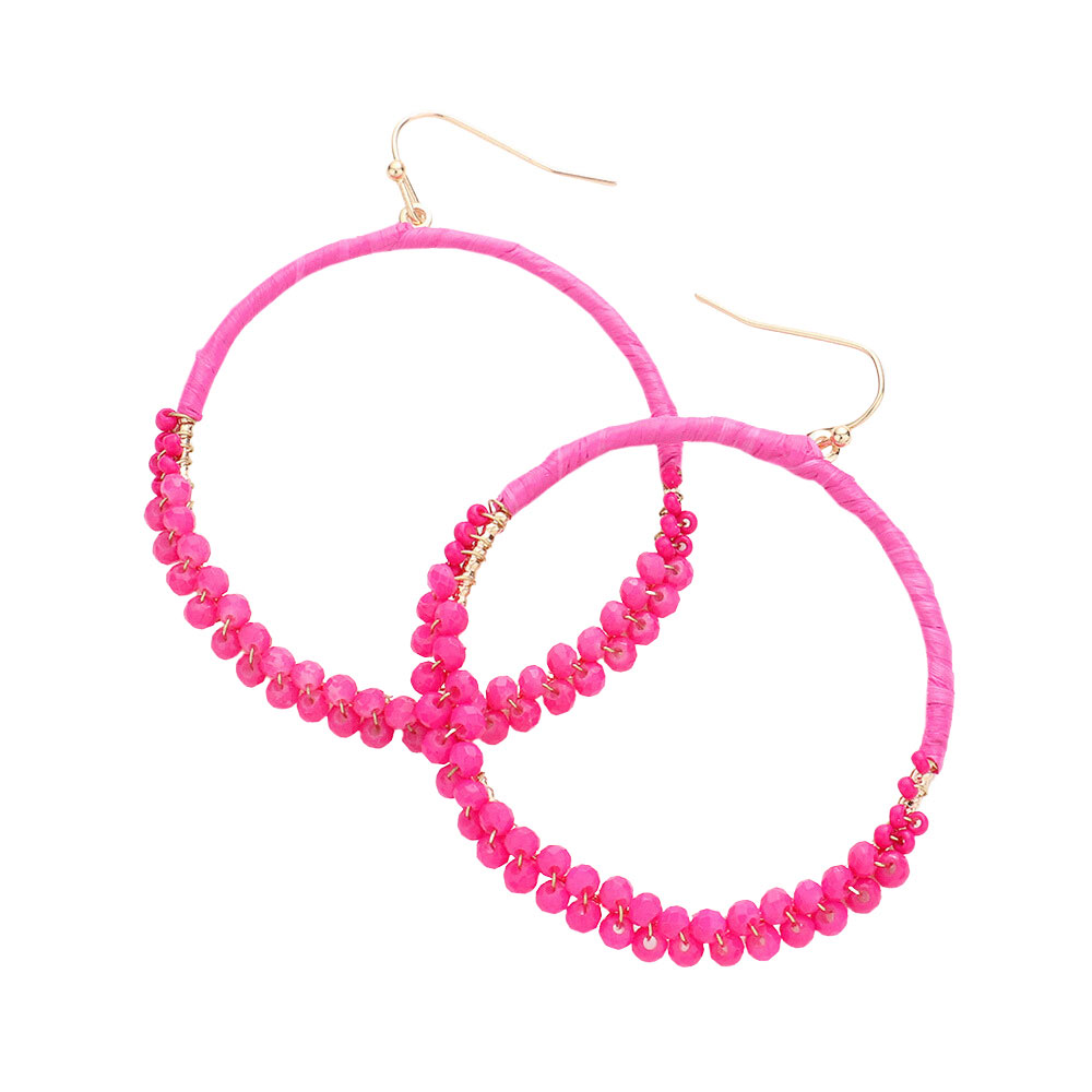 Raffia Faceted Bead Wrapped Open Metal Circle Earrings