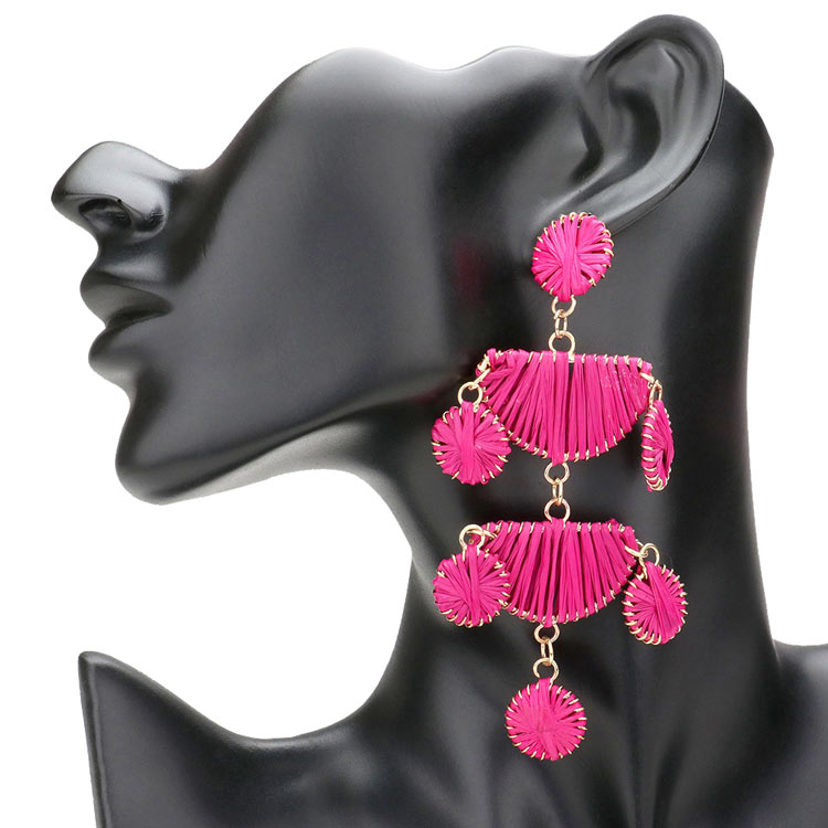 Raffia Wrapped Geometric Metal Link Dangle Earrings
