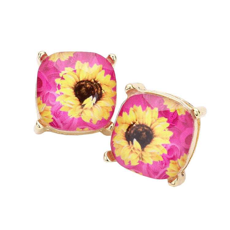 Sunflower Printed Square Stud Earrings