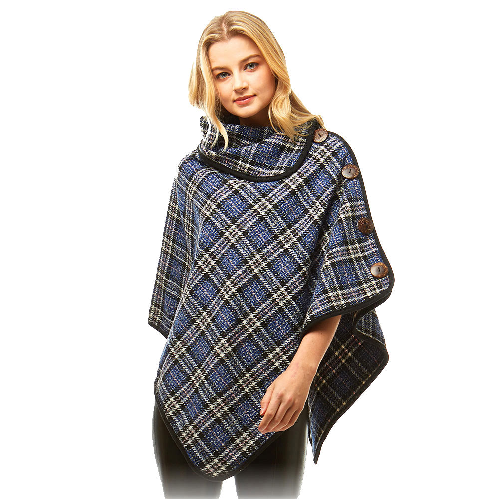 Cozy Plaid High Neck Buttons Collar Poncho Ruana