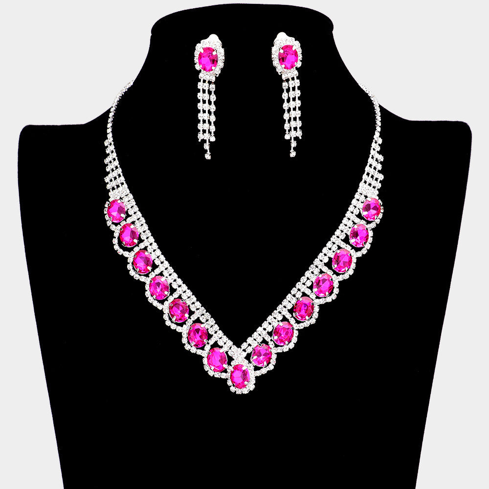 Oval Stone Accented V Shaped Rhinestone Necklace Clip on Earring Set