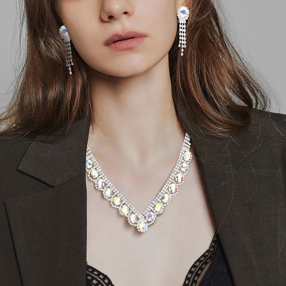 Oval Stone Accented V Shaped Rhinestone Necklace Clip on Earring Set