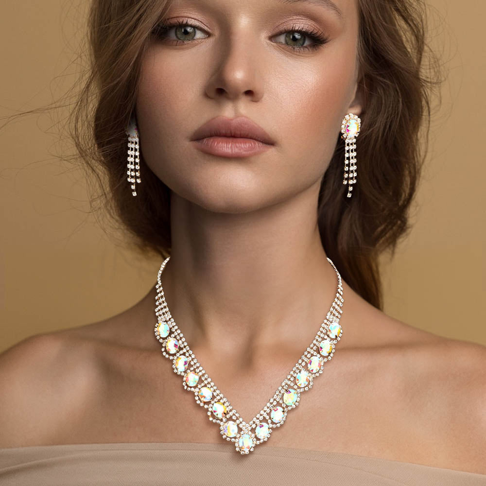 Oval Stone Accented V Shaped Rhinestone Necklace Clip on Earring Set